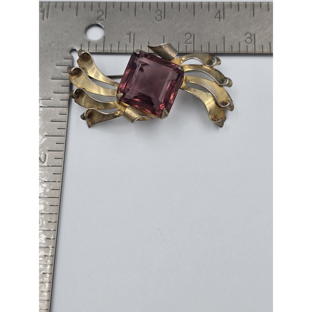 Vintage Sterling Gold Tone Purple Faceted Glass Brooch Pin Art Deco - Picture 14 of 14